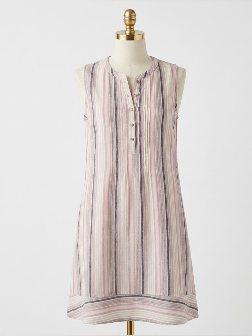 Briggs Striped Linen Blend Sleeveless Shift Dress Henley Pintuck Coastal Boho